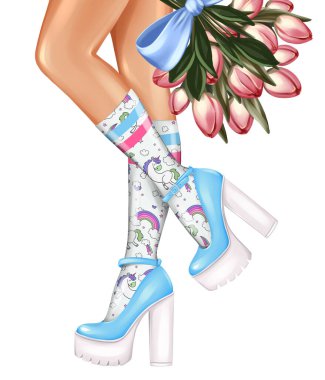 Girl legs in socks and high heel shoes close up. Blue shoes and tulips bouquet. Hand drawn fashion illustration