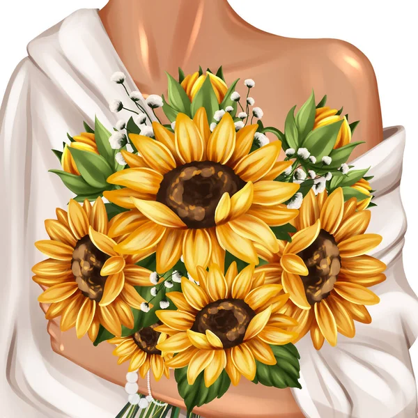 Girl holding sunflowers bouquet close up. Hand drawn fashion illustration