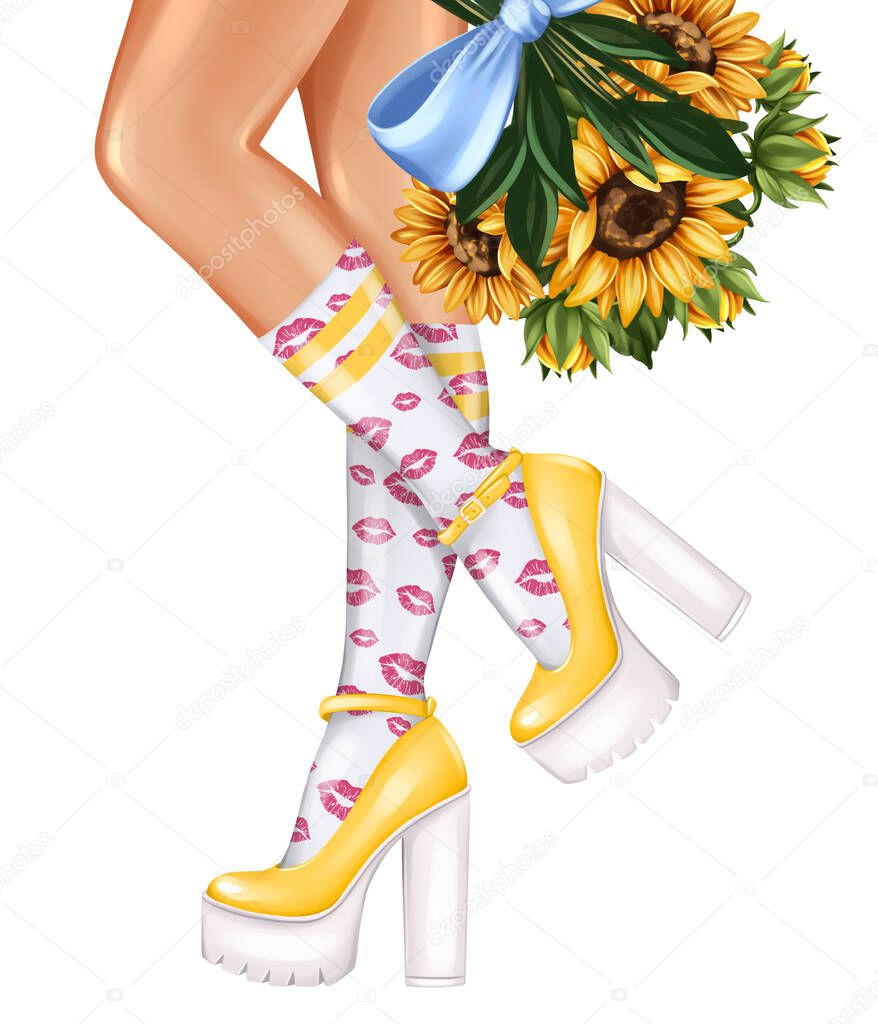Girl legs in socks and high heel shoes close up. Yellow shoes and sunflowers bouquet. Hand drawn fashion illustration