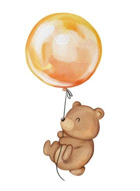 Baby bear flying with balloon. Hand drawn nursery illustration