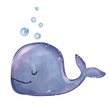 Cute little whale portrait. Hand drawn watercolor nursery illustration