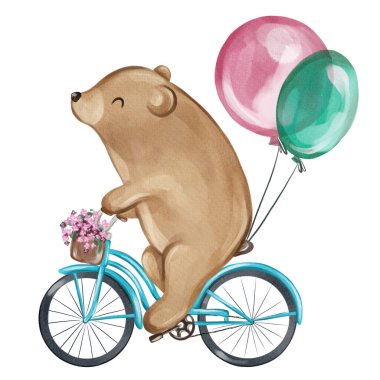 Funny bear riding on bike with balloons. Hand drawn nursery illustration