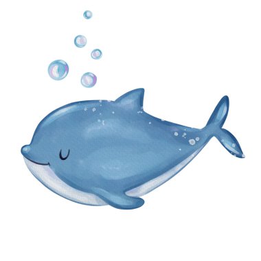 Cute little dolphin portrait. Hand drawn watercolor nursery illustration