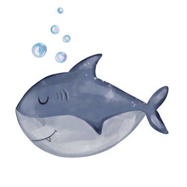 Cute little shark portrait. Hand drawn watercolor nursery illustration
