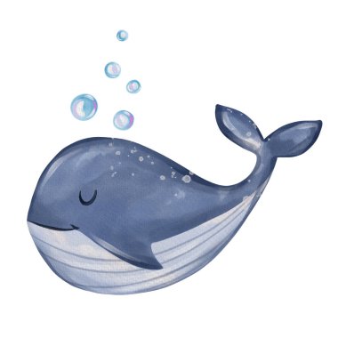 Cute little whale portrait. Hand drawn watercolor nursery illustration