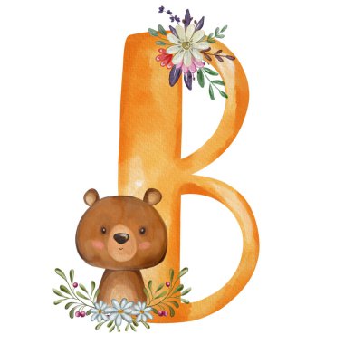 Animal nursery alphabet. B is for Bear. Hand drawn watercolor alphabet letters