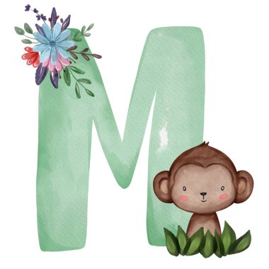 Animal nursery alphabet. M is for Monkey. Hand drawn watercolor alphabet letters