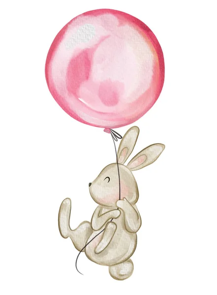 風船で飛ぶウサギの赤ちゃん 手描き保育園イラスト — ストック写真