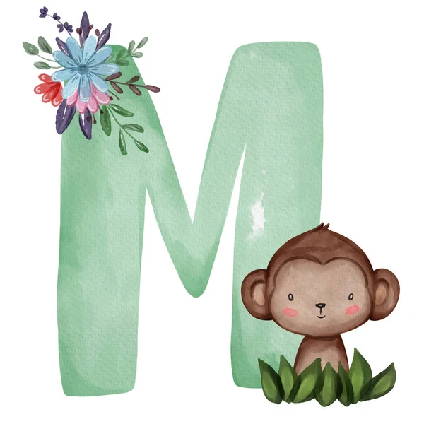 動物保育園アルファベット Mはモンキーの略 手描き水彩アルファベット文字 — ストック写真