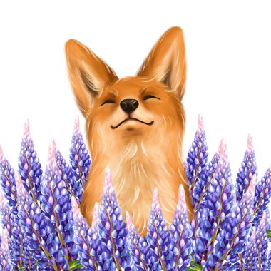 Beautiful hand drawn fox portrait close up. Fox sitting in the meadow of flowers