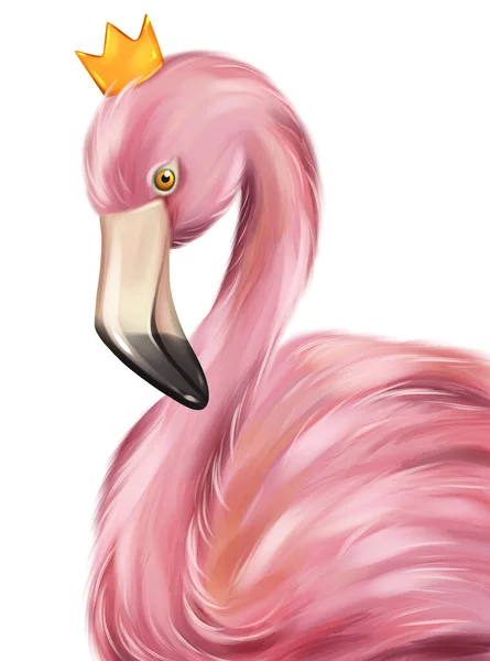 Pink flamingo princess portrait. Hand drawn flamingo illustration