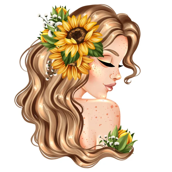 Beautiful Cartoon Girl Portrait Close Girl Sunflower Drawing — ストック写真