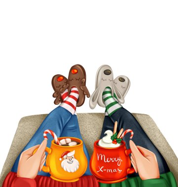 Noel 'i kutlayan ve Noel ağacının yanında kakao içen bir aile. Mutlu Noeller tebrik kartı.