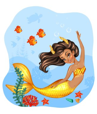 Okyanus arka planında bir balığı olan küçük bir denizkızı tasviri