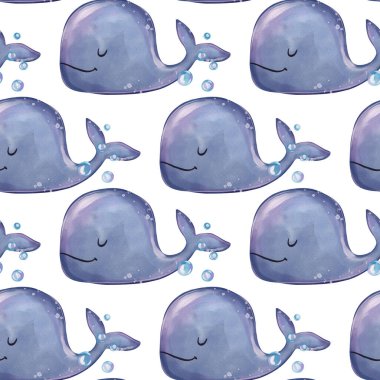 Güzel, kusursuz bir balina deseni. Suluboya tekstil hayvanları kusursuz desen koleksiyonu