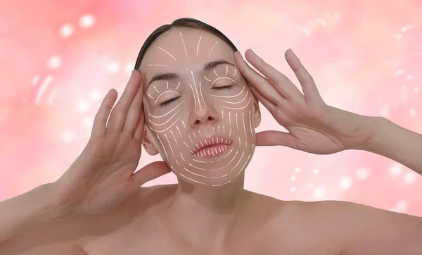 Vacker Kvinna Närbild Porträtt Med Vita Massage Linjer Ansiktet Informationsgrafik — Stockfoto