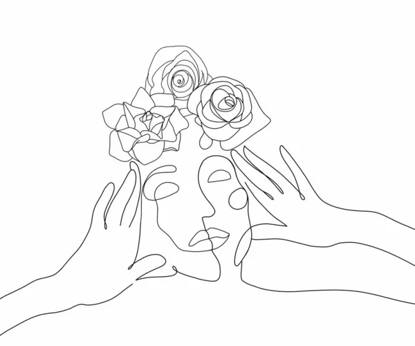 Womens faces in one line art style with flowers. Fashion outline contemporary portrait with rose. Beautiful woman face. drawn continuous line