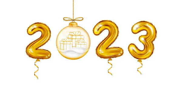 2023 3D写实主义全息图 黄金Foil Balloons数字分离在白色 圣诞雪球里的礼品盒献上快乐圣诞和2023年新年祝福横幅 气球数目 — 图库照片