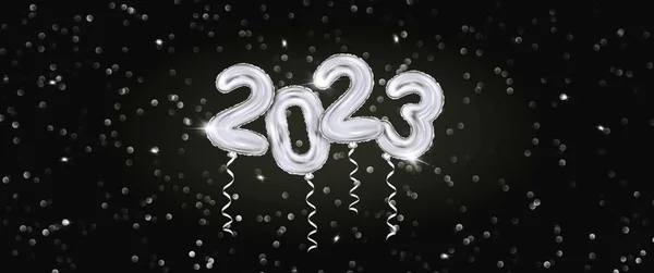 2023 3D现实主义银制 Foil Balloons Confetti银制背景 豪华黑色背景 三维渲染圣诞快乐和新年快乐2023欢迎海报横幅 高质量3D — 图库照片