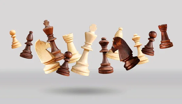 Všechny Šachové Figurky Plovoucí Nebo Skákající Stole Král Královna Biskup — Stock fotografie