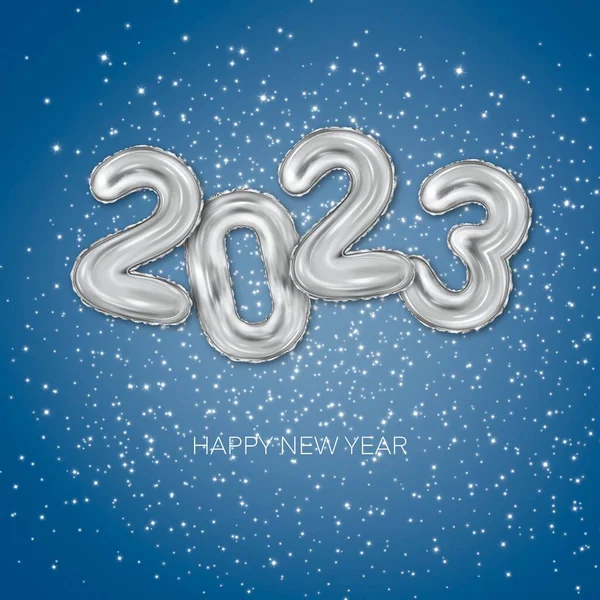 2023 3D现实银花气球 三维渲染圣诞快乐和新年快乐2023贺卡 闪烁着蓝色雪花背景的金色数字 高质量3D插图 — 图库照片