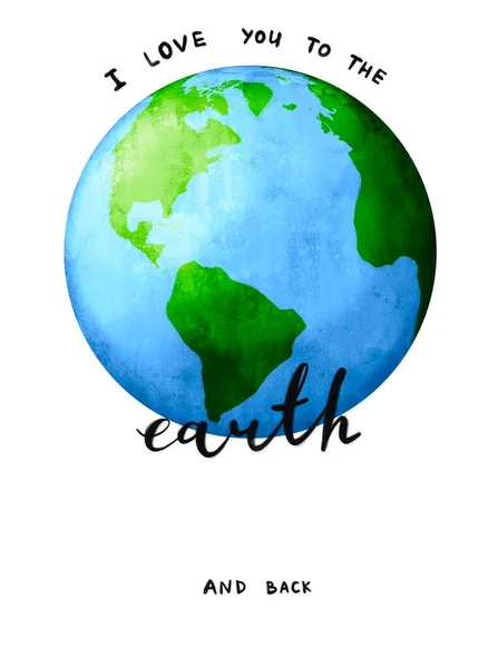 Pohlednice Akvarelovými Ilustracemi Planeta Země Ručně Psaný Nápis Miluji Zemi — Stock fotografie