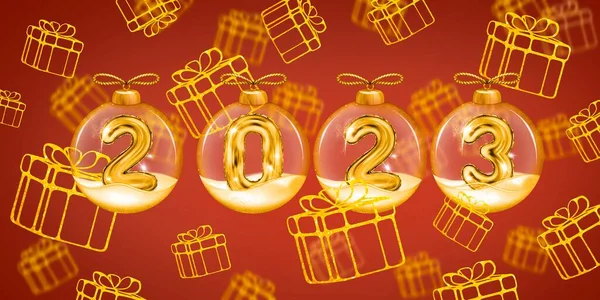 2023 3D现实的金色 闪烁着金光的Foil Balloons 明亮的红色背景 献上快乐圣诞和2023年新年祝福横幅 豪华高档3D插图 — 图库照片