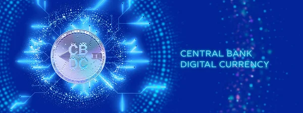 Metalik merkez bankası dijital para ve devresi olan 3D reklam pankartı. Ana kartta elektrik akımı var. İş teknolojisi ve finans içeren gelecekteki iniş sayfası