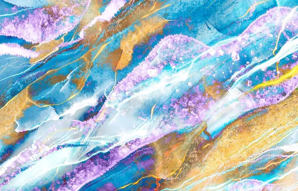 Watercolor dynamic background of alcohol ink with gold. Purple with blue stone cut.Cosmic and glamorous abstraction for wallpaper on the wall. Interior accent wall. Luxury Print. High quality