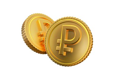 3D dijital ruble. Rusya 'nın kripto para birimi. Beyaz arka planda izole edilmiş altın sikkeler. 3D görüntüleme. Yüksek kalite 3d illüstrasyon