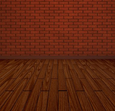 Odanın içinde kırmızı tuğla duvar ve ahşap zemin 3D döşeme arka planı var. Fotoğraf arkaplanı. Eski pasaklı oda. Yüksek kalite 3d illüstrasyon