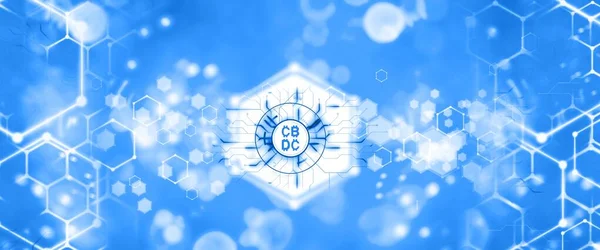 Central Bank Digital Currency icon on blue hexagon and citcuit technology background. Cryptocurrency.Finance,saving and money exchange investment concept.virtual crypto coins. High quality photo