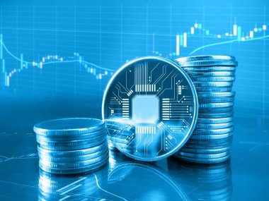 Abstract hitech design background with coins with circuit boards inside.3d rendering. coin with cpu.money with chip. High quality 3d illustration