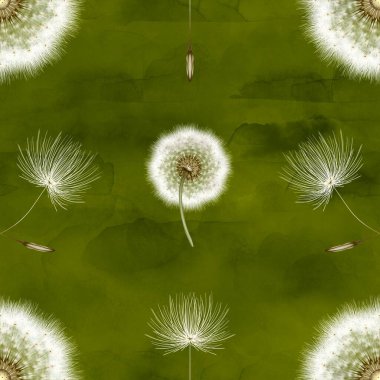 Suluboya ve pastaya boyanmış gerçekçi bir karahindiba deseni. Sarkık. Karahindiba tohumu rüzgarla savrulmuş. Dinamik süs. Yüksek kalite fotoğraf