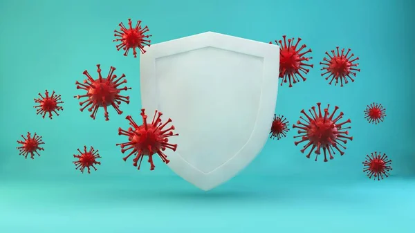 Shield 3d Illustration with virus covid cells flying around in the air. The concept of protection against viruses and strengthening immunity. High quality photo
