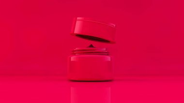 Viva magenta cream jar on magenta background. 2023 color of year. 3d rendering cosmetics products . High quality 3d illustration