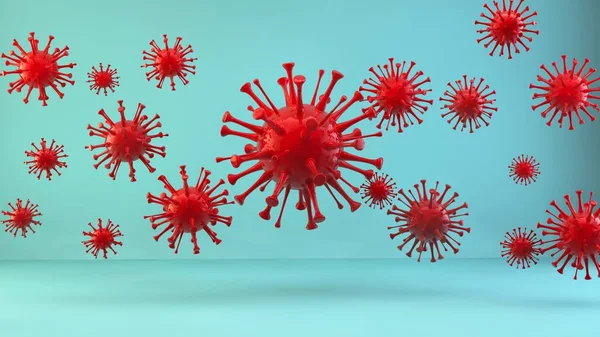 Banner with virus cells 3d Illustration. Red covid cells on blue background. microscopic view of floating influenza virus cells. Background with realistic 3d red virus cells. High quality 3d