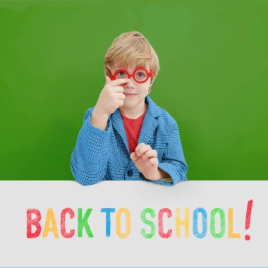 Back to shool banner. Little School boy with glasses on blackboard background withletters. Drawing on a chalk board. European boy with blond hair and red eyes. High quality 3d illustration
