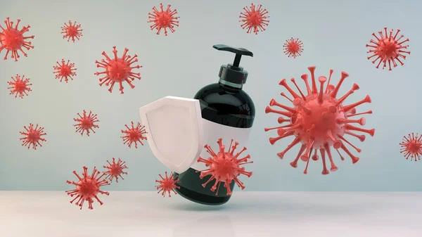 Liquid soap package with shield and viruses around. Floating flu. 3d medical Illustration. High quality photo