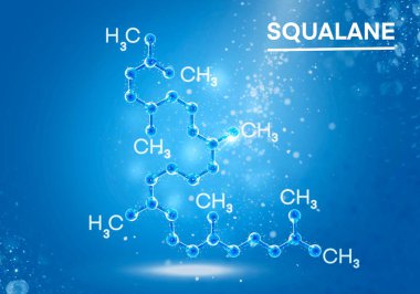Bir squalene molekülünün 3 boyutlu çizimi, hacimli bir atom molekülü. Podyumdaki kimyasal kozmetik elementler yukarıdan aydınlatılıyor. Mavi arkaplanda parlayan parçacıklar halinde moleküller. Yüksek