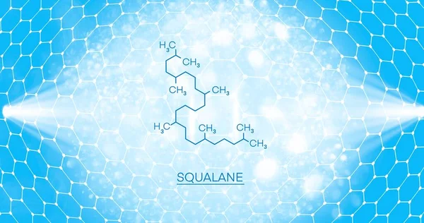 Squalane molecule on an interactive panel, display.3d illustration of the squalane molecule.Projection of a squalane molecule on a background of hexagons. Scientific banner about beauty. High quality