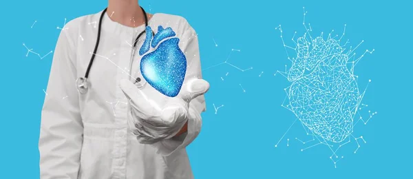 A hologram of the heart in the doctors hands. A plexus image of the heart hovers next to a medic or scientist. 3d illustration medical and scientific.The concept of treatment of cardiology diseases