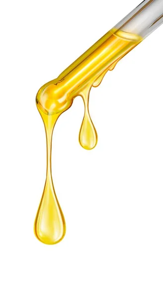 Close Rendering Yellow Oil Cosmetic Pipette Drops Cream Shiny Highlights — Stock Photo, Image