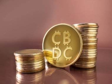 Coins of the central bank of digital currency against the background of the growth chart of the stock exchange .CBDC photo and illustrations collage. Advertising banner with metallic central bank