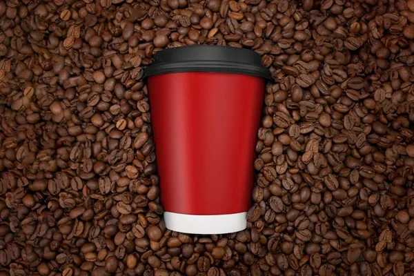 一杯放在外卖玻璃杯里的咖啡泡在咖啡豆里 俯瞰着 一个纸杯咖啡的模型 商标空白表面 高质量的照片 — 图库照片