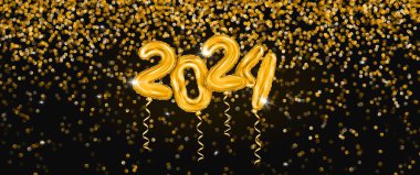 2024 3d Gerçekçi Altın, Foil Balon konfeti altın arka planda lüks siyah arka plan. 3D sunar Mutlu Noeller ve mutlu yıllar 2024 selamlama pankartı. - Evet. Yüksek kalite 3d illüstrasyon