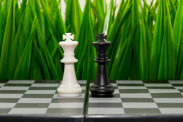 Sakk Játék Fekete Fehér Sakk Király Egy Sakktábla Hátterében Konfrontáció — Stock Fotó