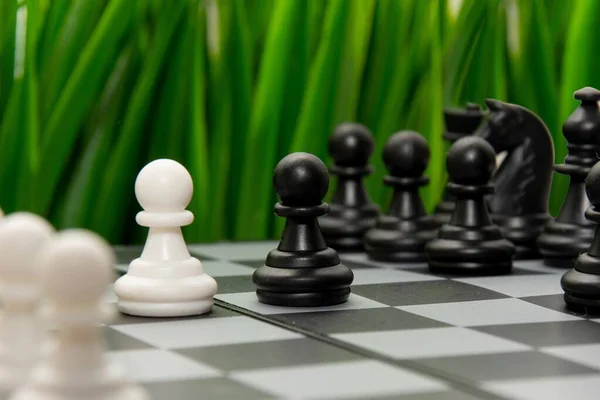 Satranç Oyunu Satranç Tahtasının Arka Planında Siyah Beyaz Satranç Piyonu — Stok fotoğraf