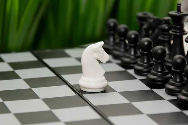 Білий Шаховий Лицар Має Армію Чорних Шахових Фігур Концепція Протистояння — стокове фото