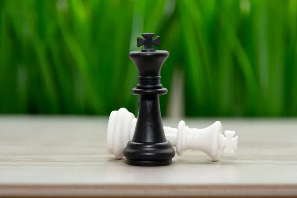 Summer chess tournaments . Chess on the background of grass.The black chess king defeats the white chess king. High quality photo